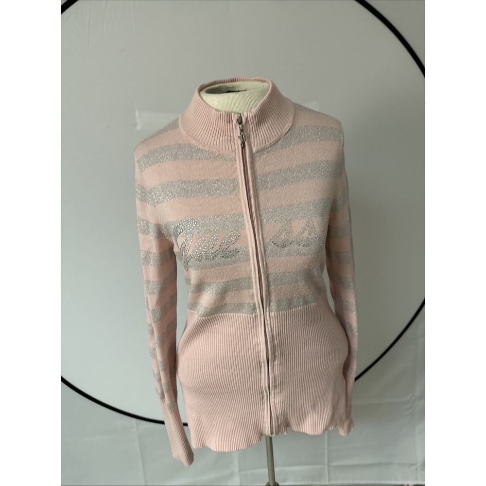 Guess Madelaine Logo Full Zip Sweater Women's Sz M Light Pink & Silver Strip VTG
